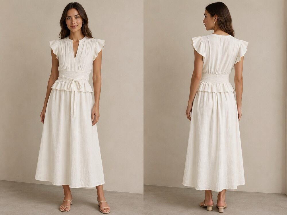 o.p.t Women’s M White Cotton Ruffle Waist Midi Dress